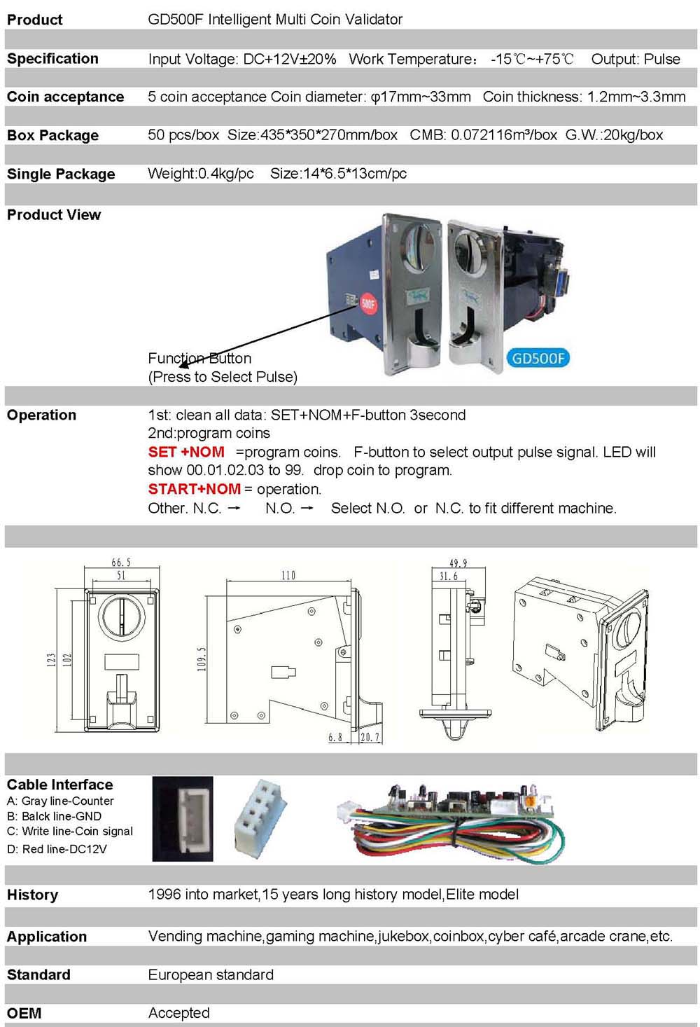 GD500F multi coin acceptor